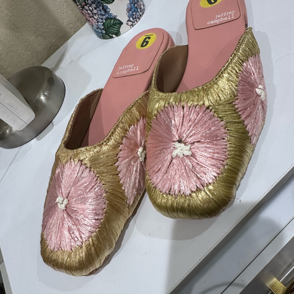 Jeffrey Campbell Gold and Pink Embroidered Mules